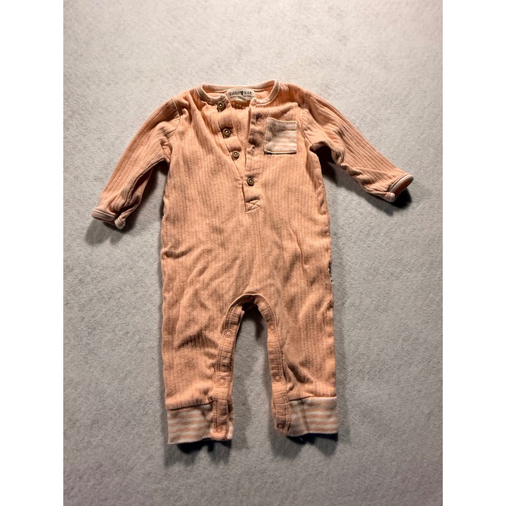 Rabbit Bear Peach Ribbed Henley Romper Long Sleeve Striped Pocket 3-6M